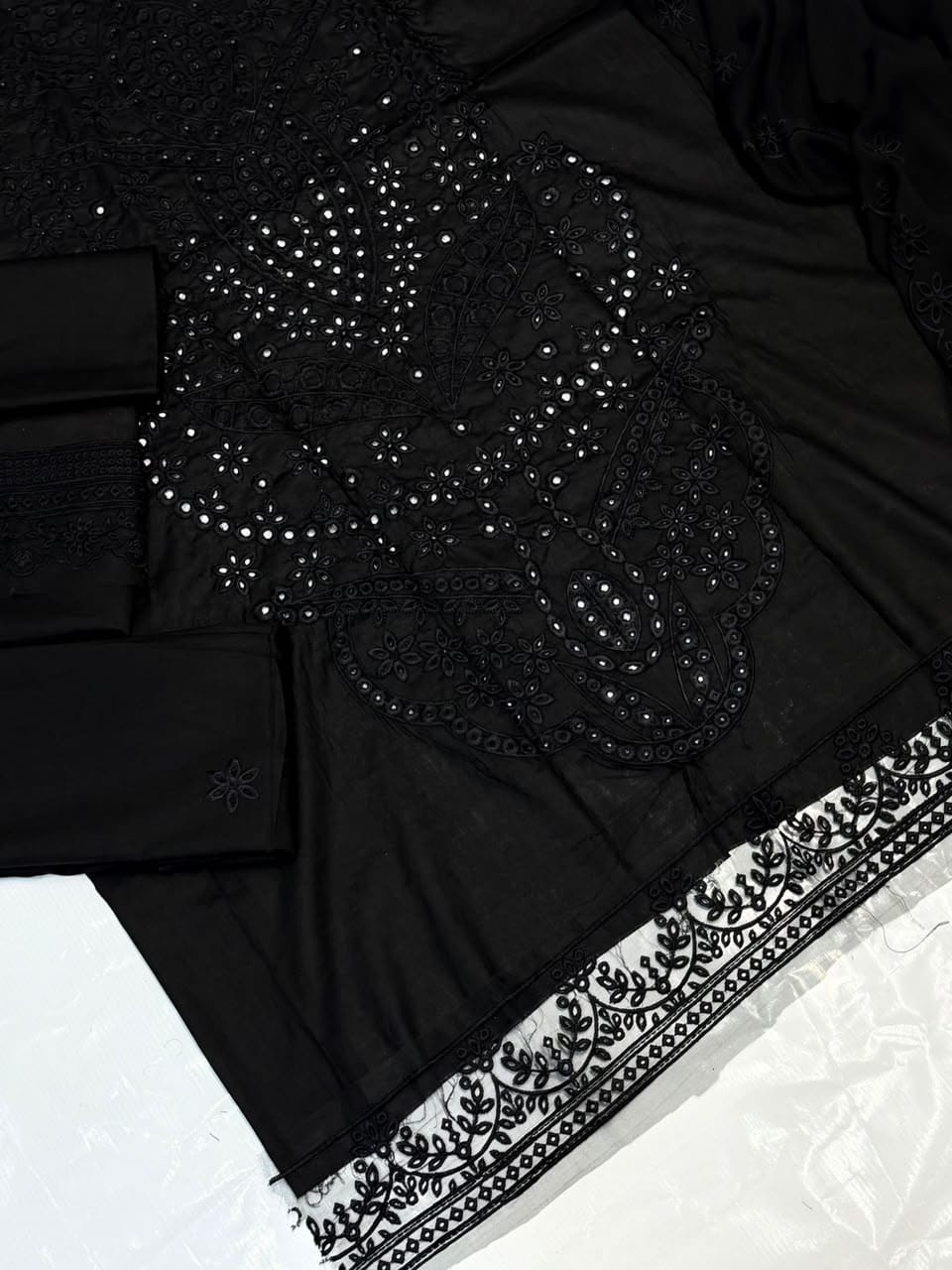 Premium 3-Piece Jet Black Embroidered Chikankari Lawn Suit with Organza Dupatta – Ready to Wear / Unstitched Luxury Collection - Image 3