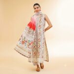 Alt Text: 3PCS Floral Printed Lawn Suit with Red Fancy Voil Dupatta 42501267-R Front Close-up View