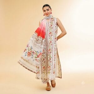 Alt Text: 3PCS Floral Printed Lawn Suit with Red Fancy Voil Dupatta 42501267-R Front Close-up View