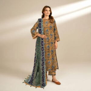 Sapphire Elvan 3 Piece Unstitched Suit in mustard yellow with printed Bana Dora shirt and Voil dupatta