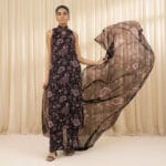 Sapphire Zeynep 3 Piece Unstitched Suit in black and dusty rose floral print with Bana Dora fabric and Voil dupatta