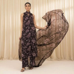 Sapphire Zeynep 3 Piece Unstitched Suit in black and dusty rose floral print with Bana Dora fabric and Voil dupatta