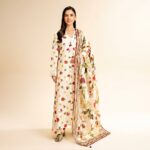 Alt Text: 3PCS Cream Floral Printed Lawn Suit with Fancy Voil Dupatta 42501174-R Close-up View