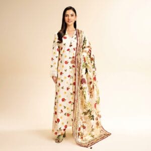 Alt Text: 3PCS Cream Floral Printed Lawn Suit with Fancy Voil Dupatta 42501174-R Close-up View