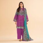 Alt Text: 3PCS Magenta Printed Lawn Suit with Turquoise Fancy Voil Dupatta 42501204-R Front View
